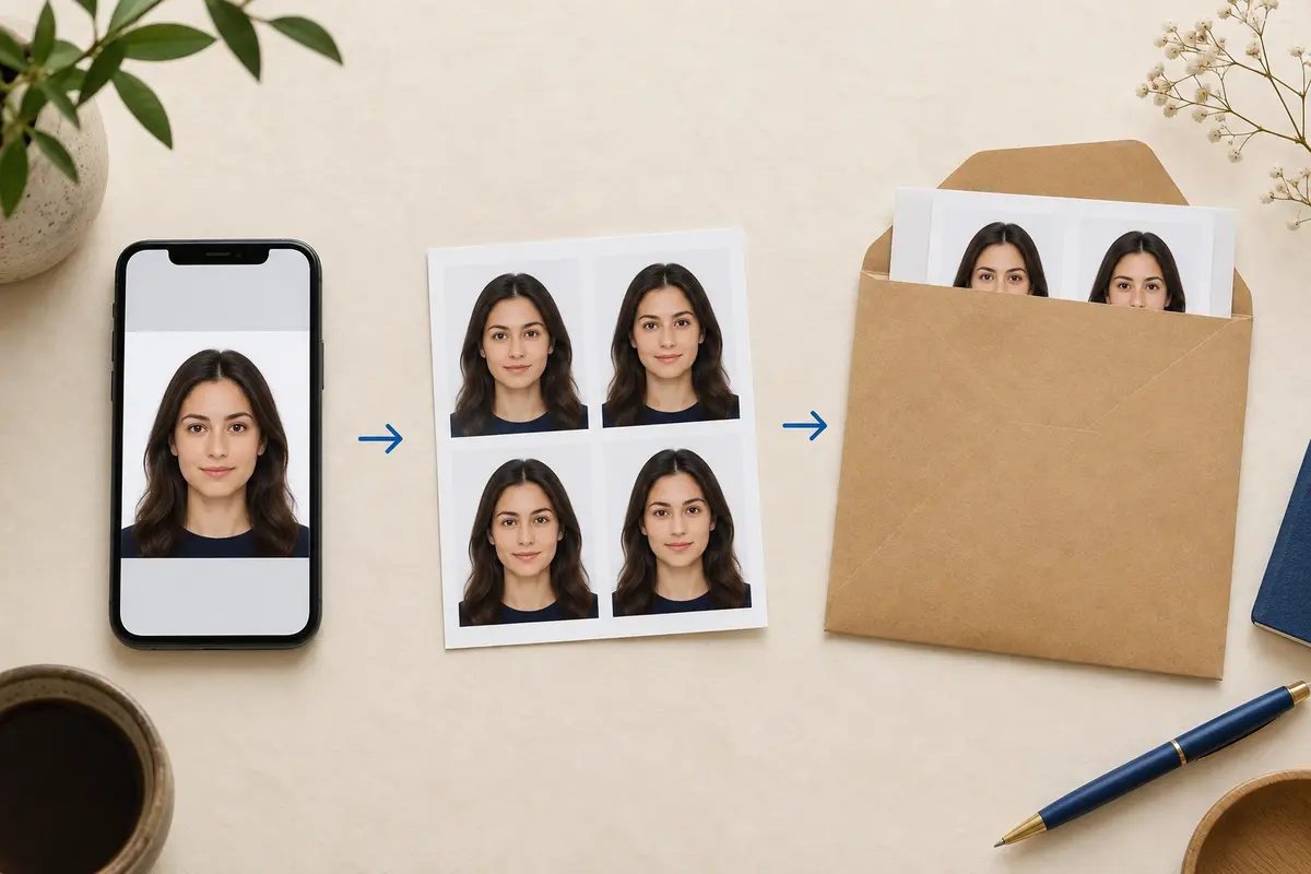 Passport photo printing and mailing process