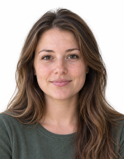 UK passport photo of a woman on a white background